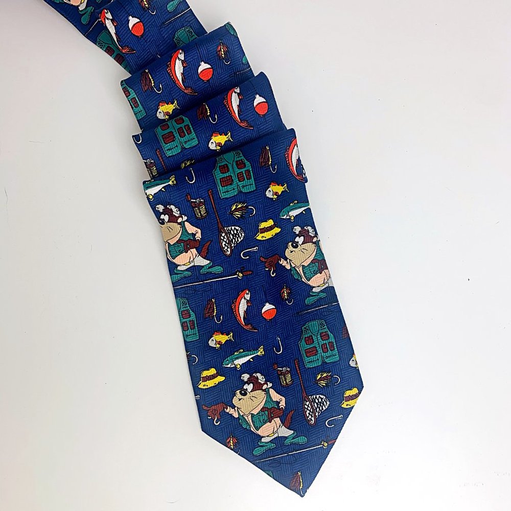 Warner Bros Looney Tunes Taz Fishing Satin Necktie - Picture 2 of 6